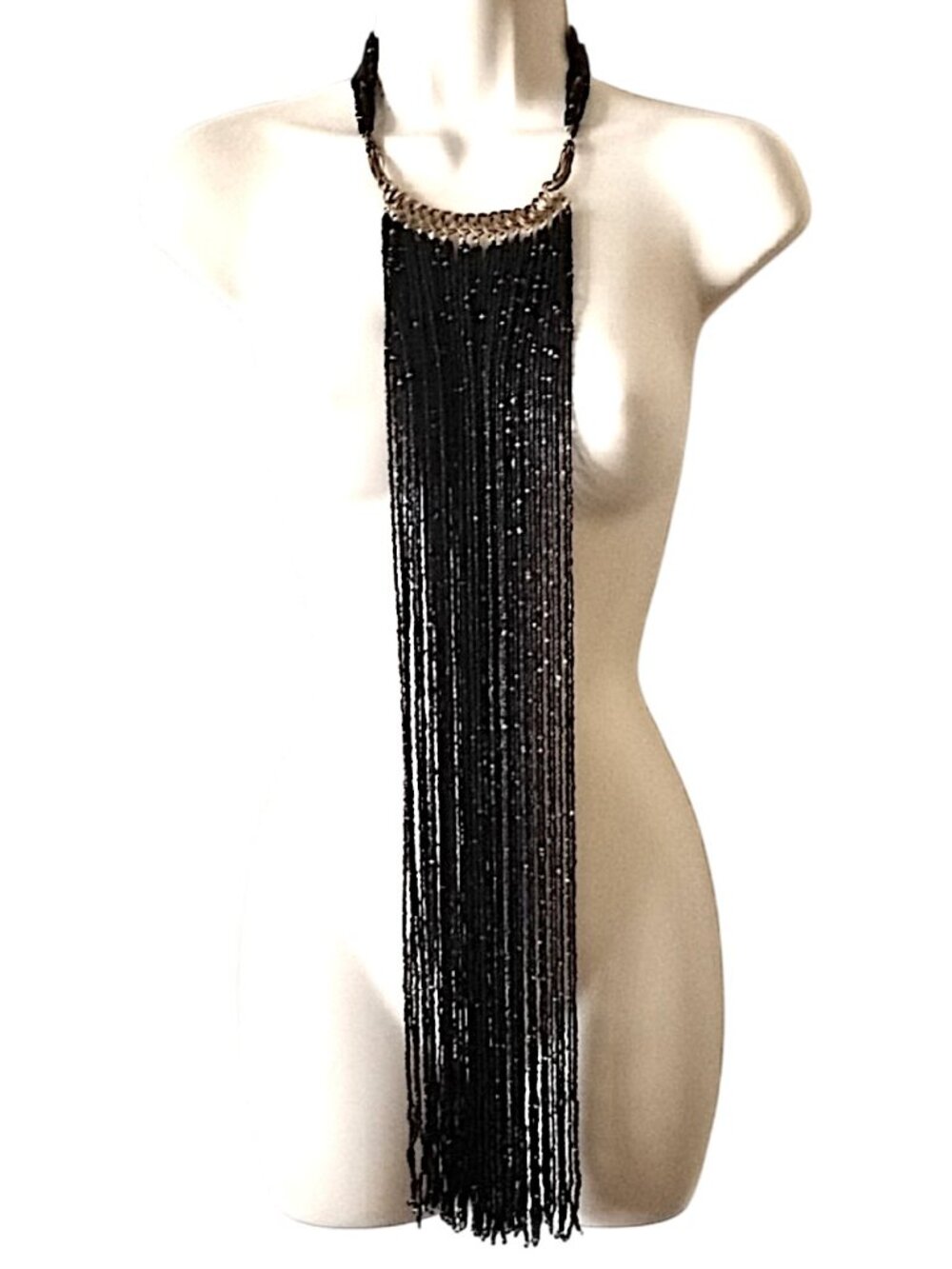Filigree Collar Beaded Body Necklace 28" Long Black Gold